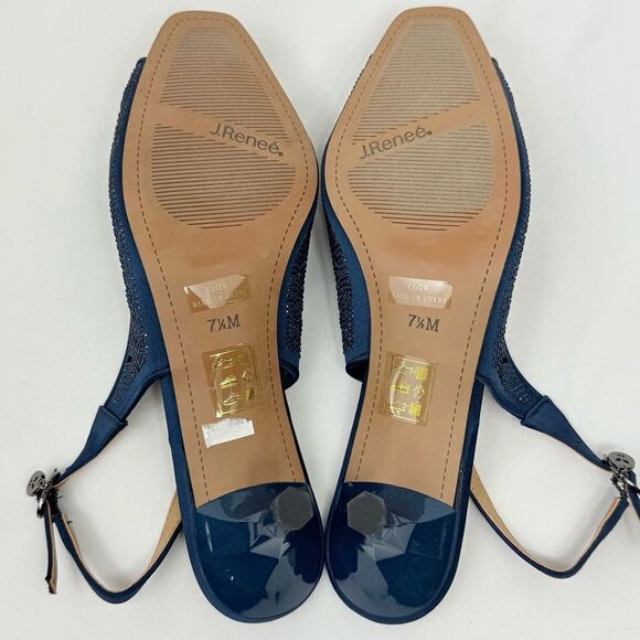 J. Renee ARATA Navy Blue Sparkle Laser Cutout Lace Mesh Open Toe Slingback Heels - Picture 15 of 16